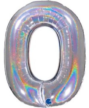 Фолиев балон цифра "0",размер 40"/100см, цвят холограм сребро