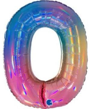 Фолиев балон цифра "0",размер 40"/100см,цвят холограм дъга