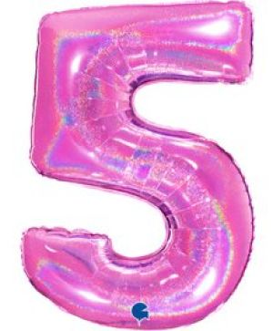 Фолиев балон цифра "5",размер 40"/100см,цвят холограм розово