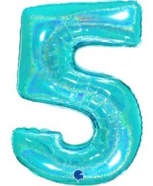 Фолиев балон цифра "5",размер 40"/100см,цвят холограм тифани