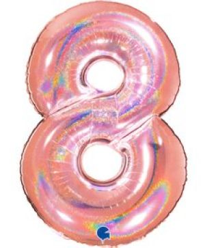 Фолиев балон цифра "8",размер 40"/100см,цвят холограм розово 